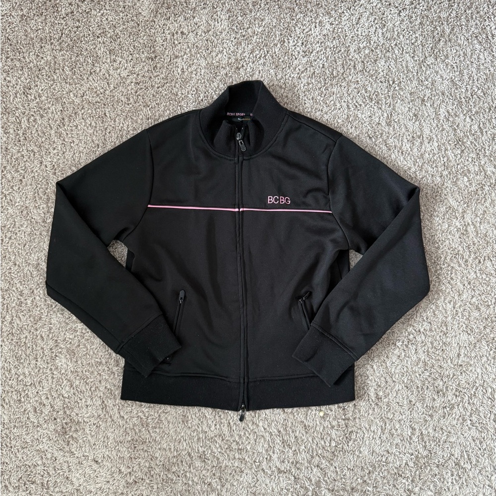 BCBGMaxAzria Sport Zip Up Logo Size LARGE Stretch Black Pink Zip Athletic Jacket